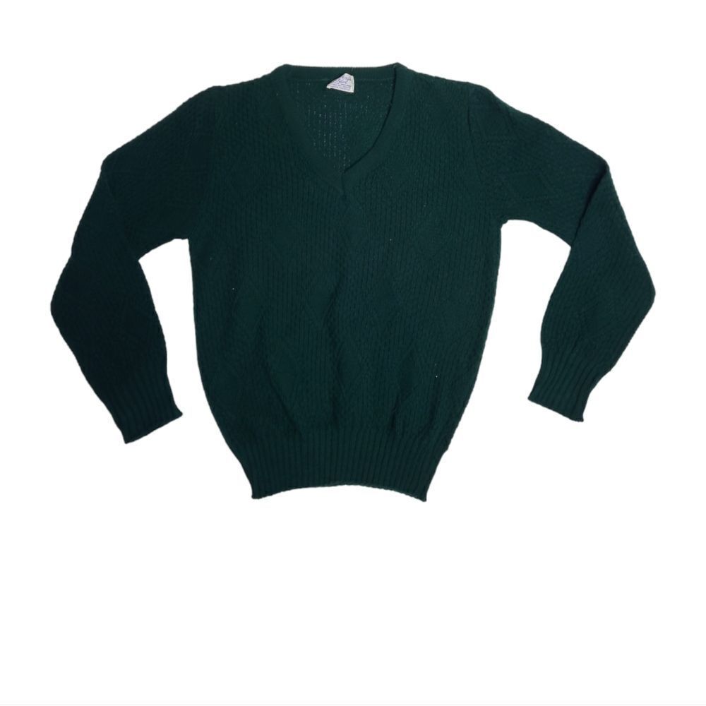 VINTAGE 70s forest green v-neck soft‎ diamond pattern sweater S
